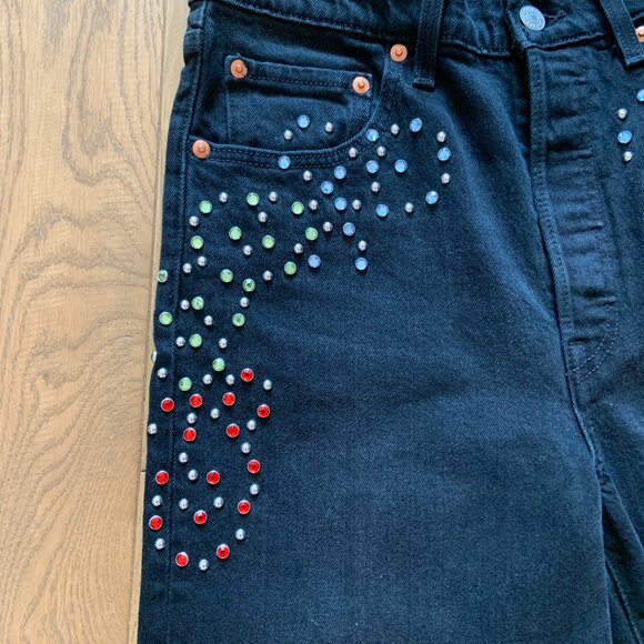 Levis Ribcage Straight Leg Embelliished Bejewelled High Rise Black Jeans Size 28 - Picture 8 of 15